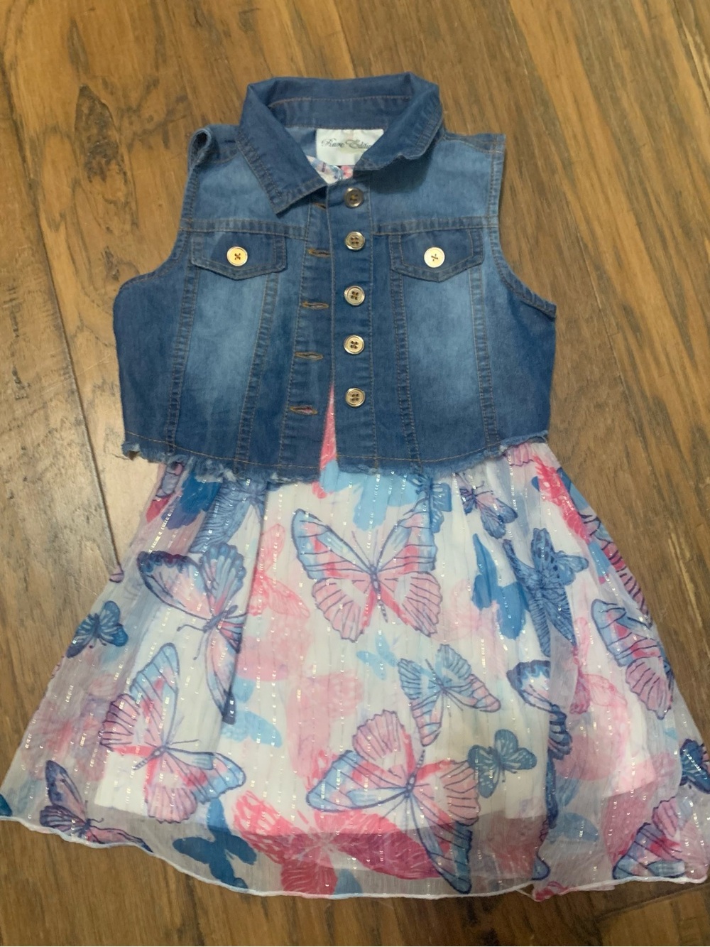Rare Editions Pink and Blue Floral Dress with Denim Vest